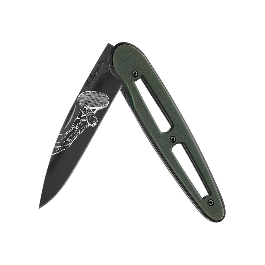 Couteau acier finition titane noir plaquette ajourée résine g10 kaki motif «raquette»