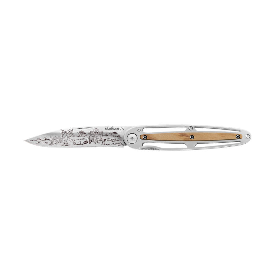 Couteau acier finition brillante plaquette centrale bois clair motif «cueillette d'automne»
