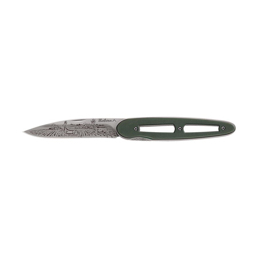 Couteau acier finition titane gris plaquette ajourée résine g10 kaki motif «chevreuil»