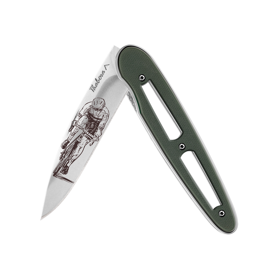 Couteau acier finition brillante plaquette ajourée résine g10 kaki motif «cycliste»