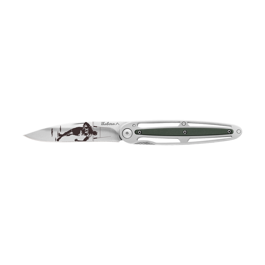 Couteau acier finition brillante plaquette centrale résine g10 kaki motif «rugby»