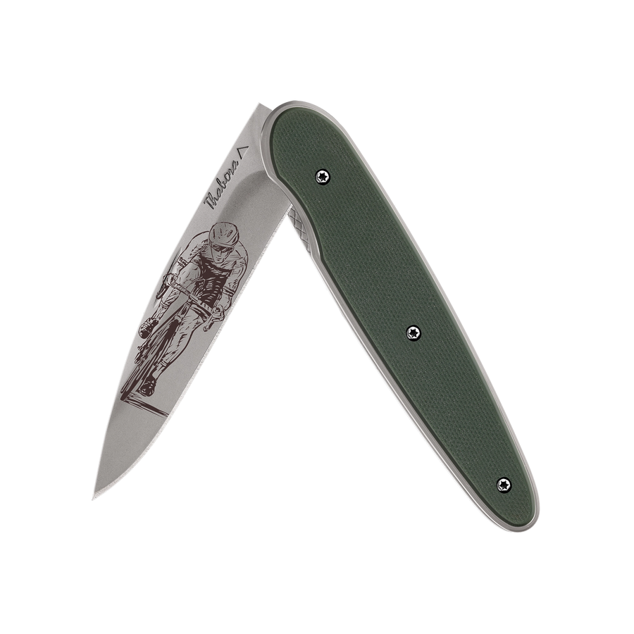 Couteau acier finition titane gris plaquette pleine résine g10 kaki motif «cycliste»