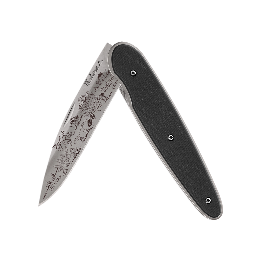 Couteau acier finition titane gris plaquette pleine résine g10 noir motif «cueillette d'automne»