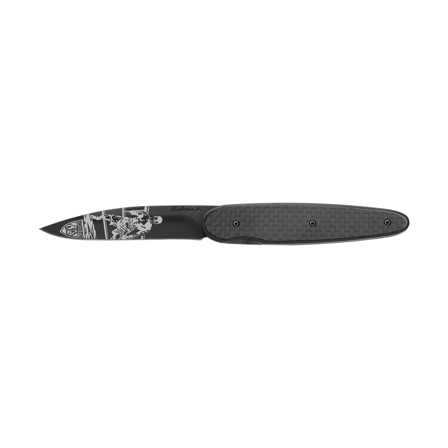 Couteau acier finition titane noir plaquette pleine carbone motif «boxeur»