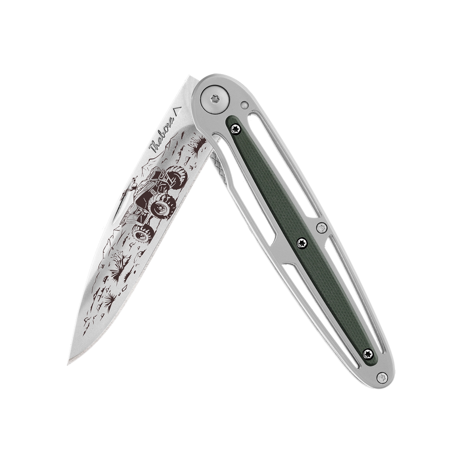 Couteau acier finition brillante plaquette centrale résine g10 kaki motif «quad»