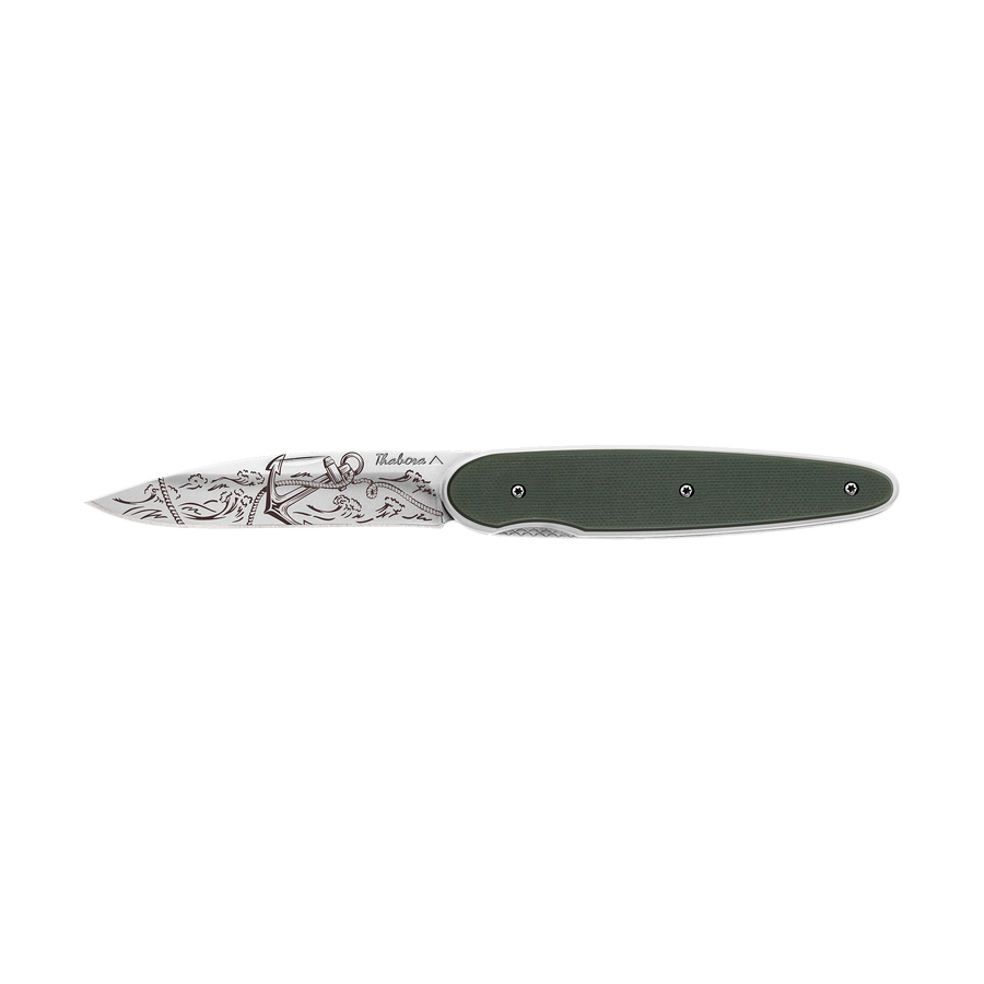 Couteau acier finition brillante plaquette pleine résine g10 kaki motif «ancre»