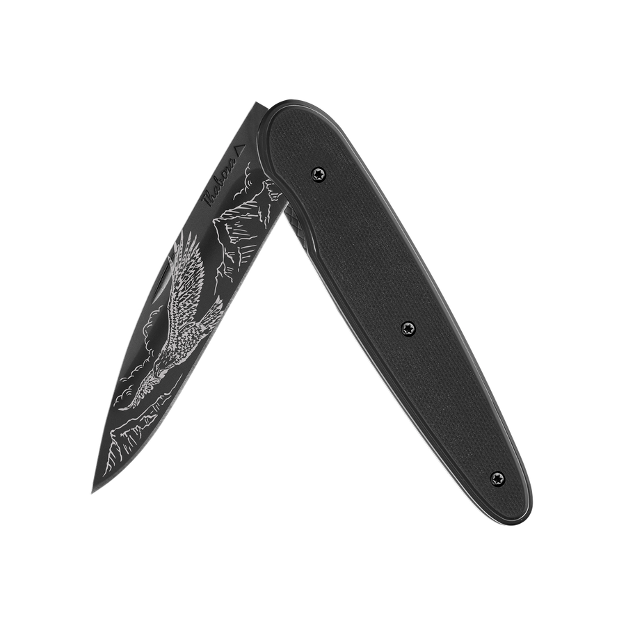 Couteau acier finition titane noir plaquette pleine résine g10 noir motif «aigle»
