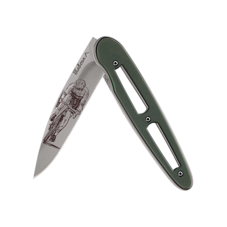 Couteau acier finition titane gris plaquette ajourée résine g10 kaki motif «cycliste»