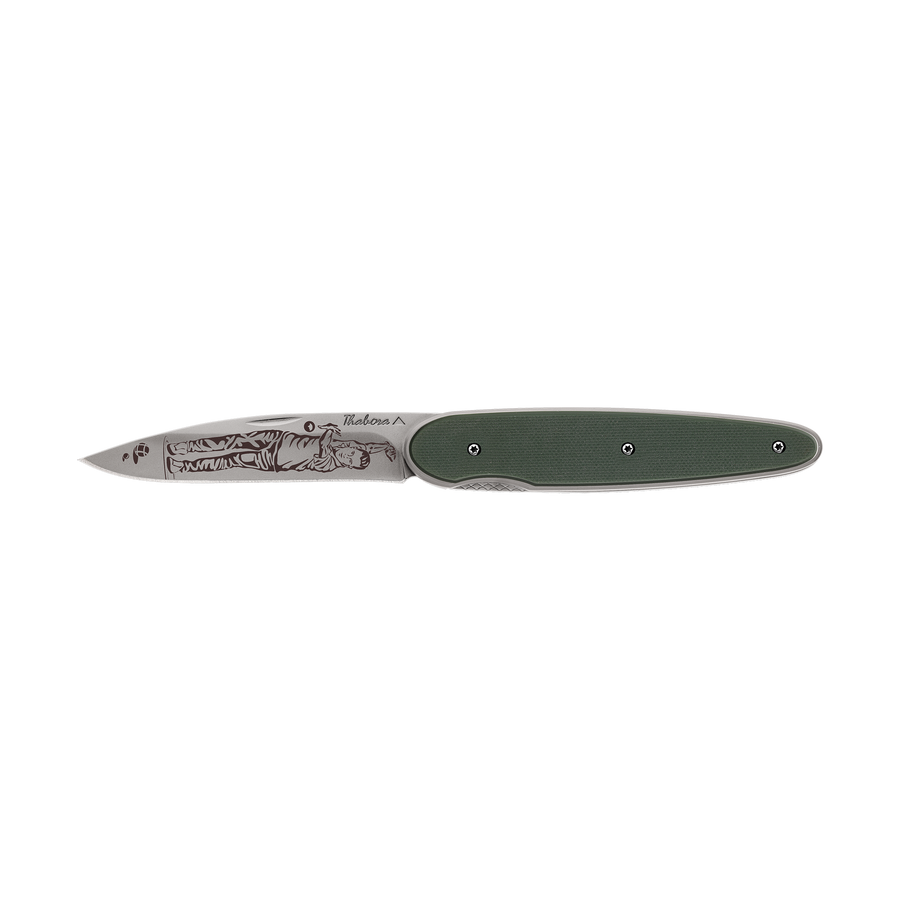 Couteau acier finition titane gris plaquette pleine résine g10 kaki motif «pétanque»