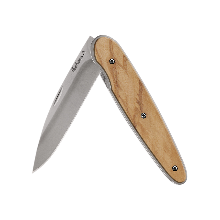 Couteau acier finition titane gris plaquette pleine bois clair