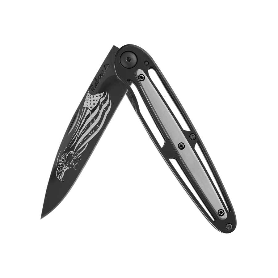 Couteau acier finition titane noir plaquette centrale acier brossé motif «aigle américain»