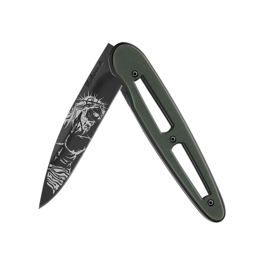 Couteau acier finition titane noir plaquette ajourée résine g10 kaki motif «christ»