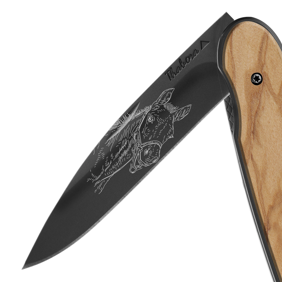 Couteau acier finition titane noir plaquette pleine bois clair motif «poulain»
