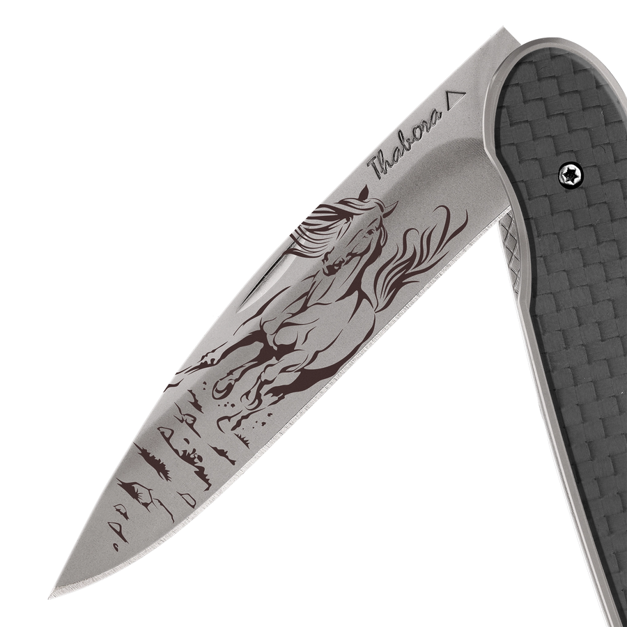 Couteau acier finition titane gris plaquette pleine carbone motif «cheval»