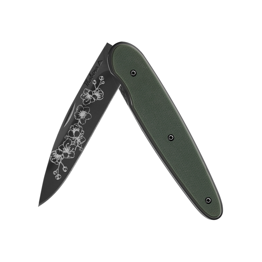 Couteau acier finition titane noir plaquette pleine résine g10 kaki motif «arbre fleuri»