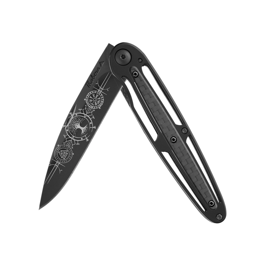 Couteau acier finition titane noir plaquette centrale carbone motif «runes viking»