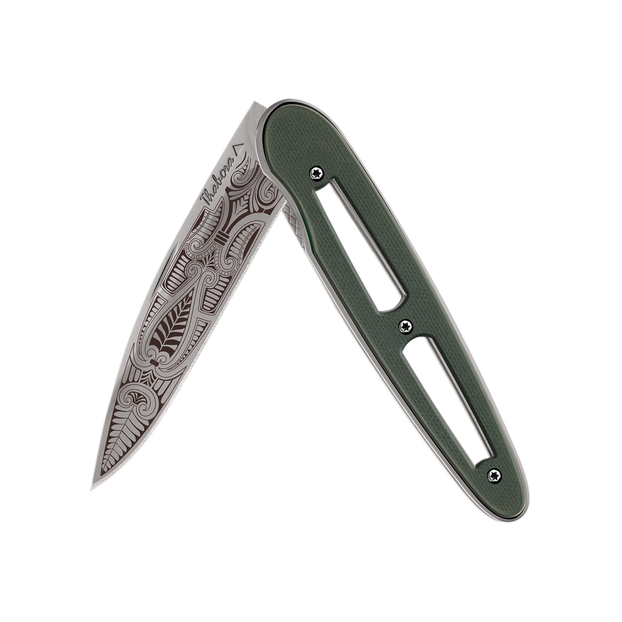 Couteau acier finition titane gris plaquette ajourée résine g10 kaki motif «cachemire»