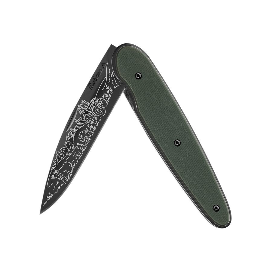 Couteau acier finition titane noir plaquette pleine résine g10 kaki motif «campagne»