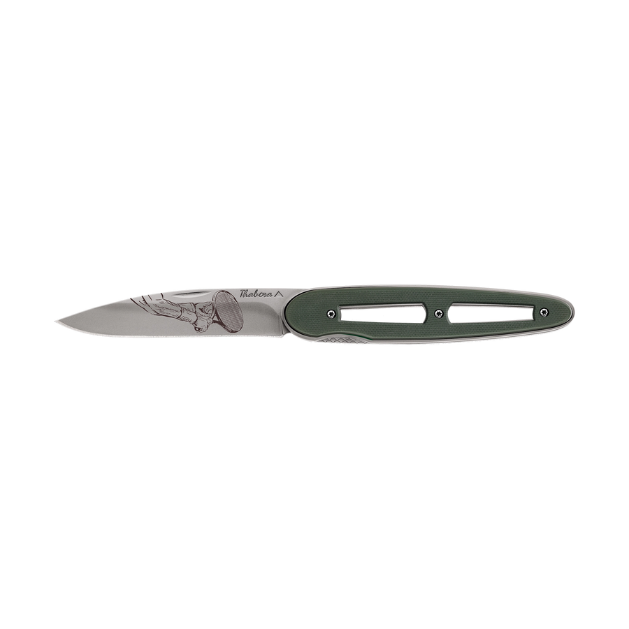 Couteau acier finition titane gris plaquette ajourée résine g10 kaki motif «raquette»