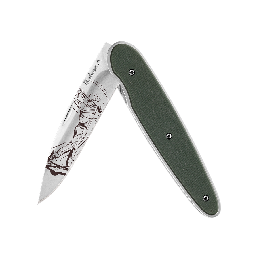Couteau acier finition brillante plaquette pleine résine g10 kaki motif «golfeur»