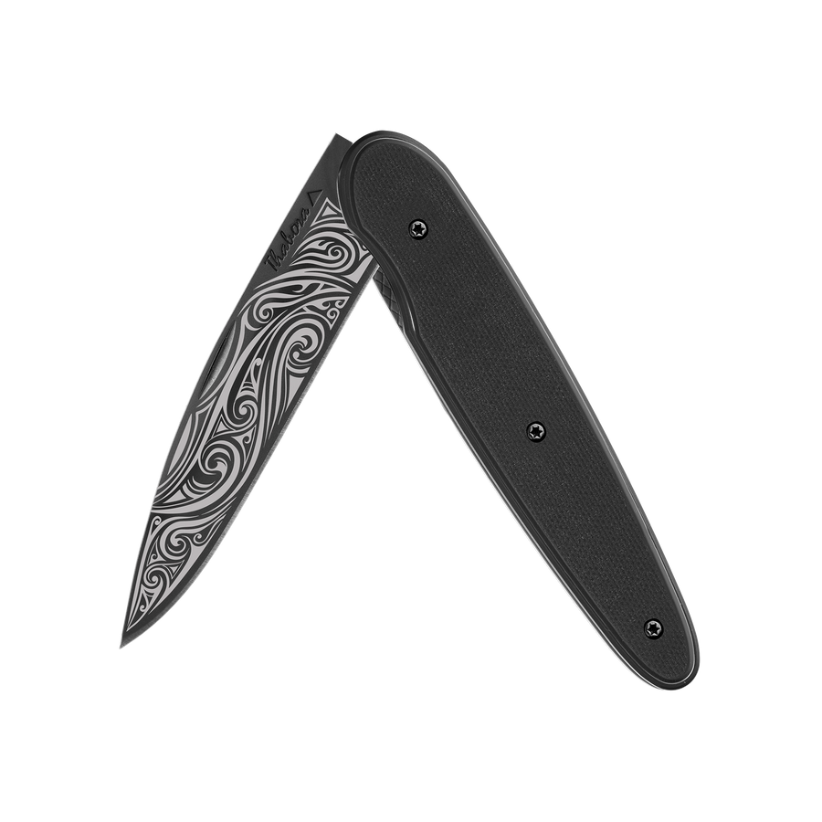 Couteau acier finition titane noir plaquette pleine résine g10 noir motif «volutes»