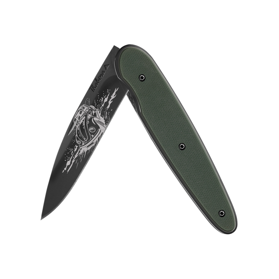Couteau acier finition titane noir plaquette pleine résine g10 kaki motif «voiture rétro»