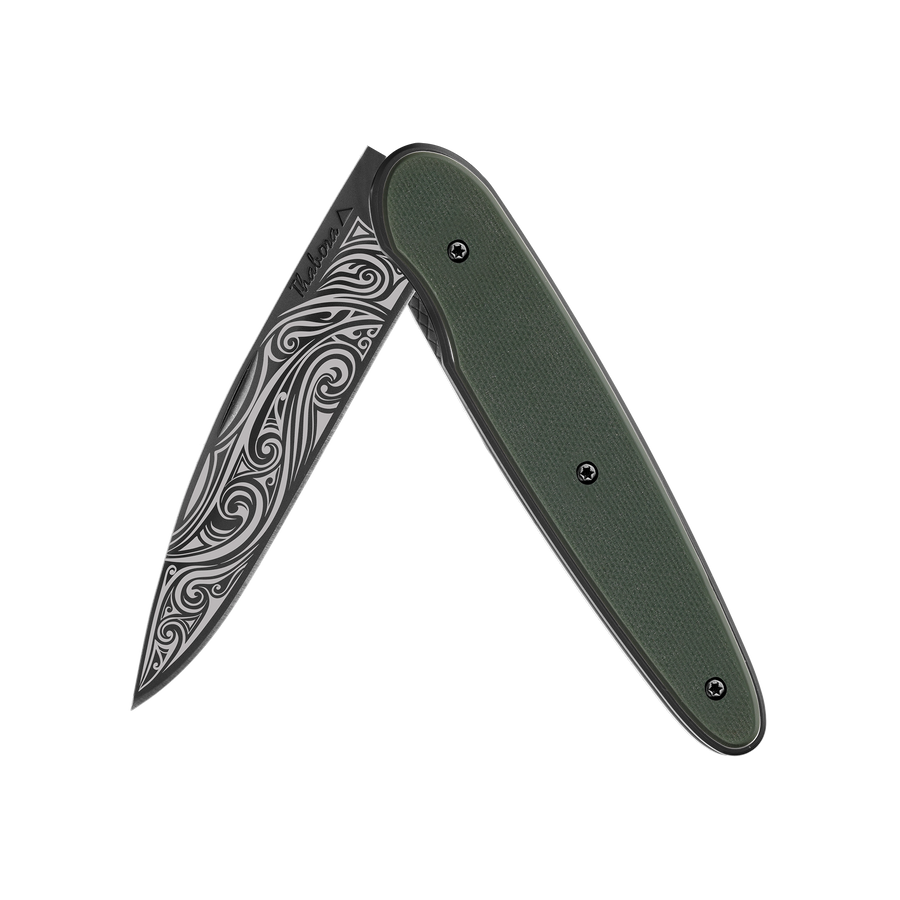 Couteau acier finition titane noir plaquette pleine résine g10 kaki motif «volutes»