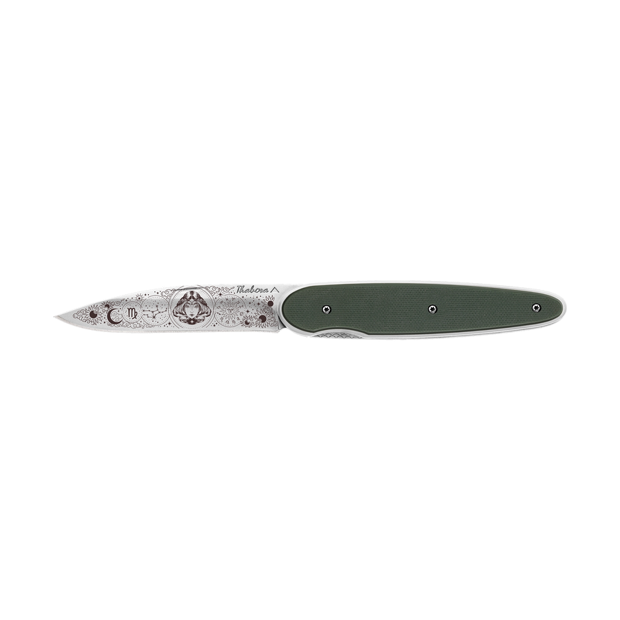 Couteau acier finition brillante plaquette pleine résine g10 kaki motif «zodiaque vierge»