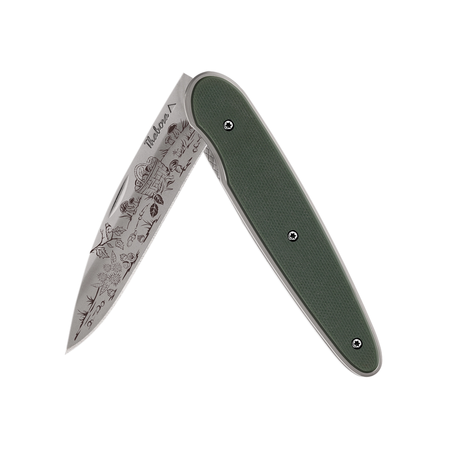 Couteau acier finition titane gris plaquette pleine résine g10 kaki motif «cueillette d'automne»