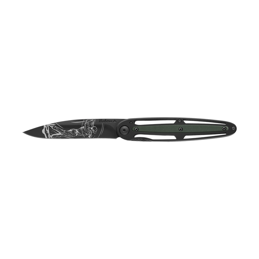 Couteau acier finition titane noir plaquette centrale résine g10 kaki motif «golfeur»