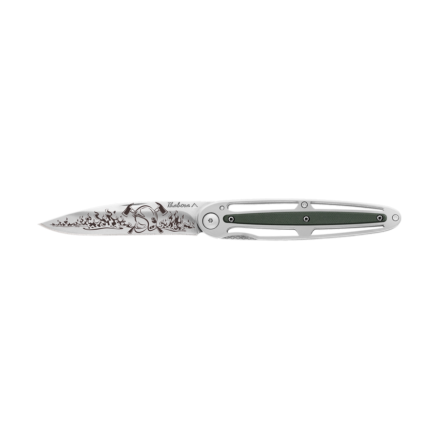 Couteau acier finition brillante plaquette centrale résine g10 kaki motif «pompier»