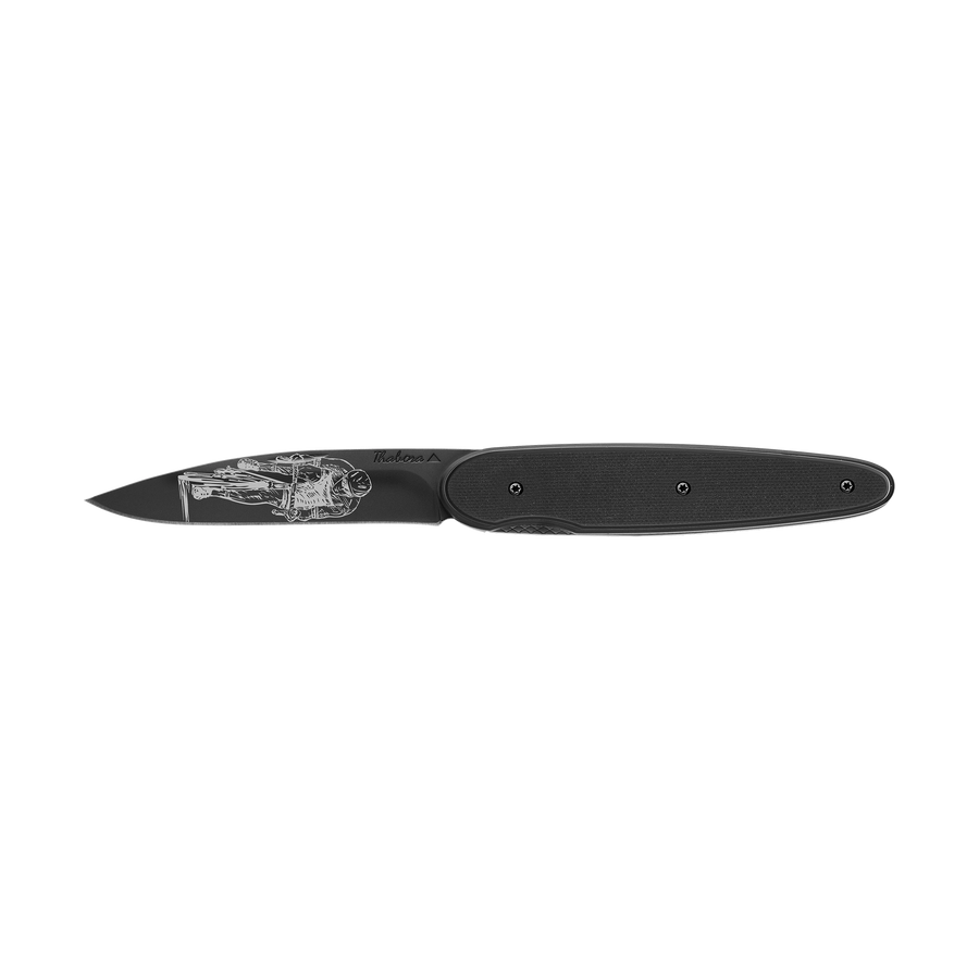 Couteau acier finition titane noir plaquette pleine résine g10 noir motif «cycliste»
