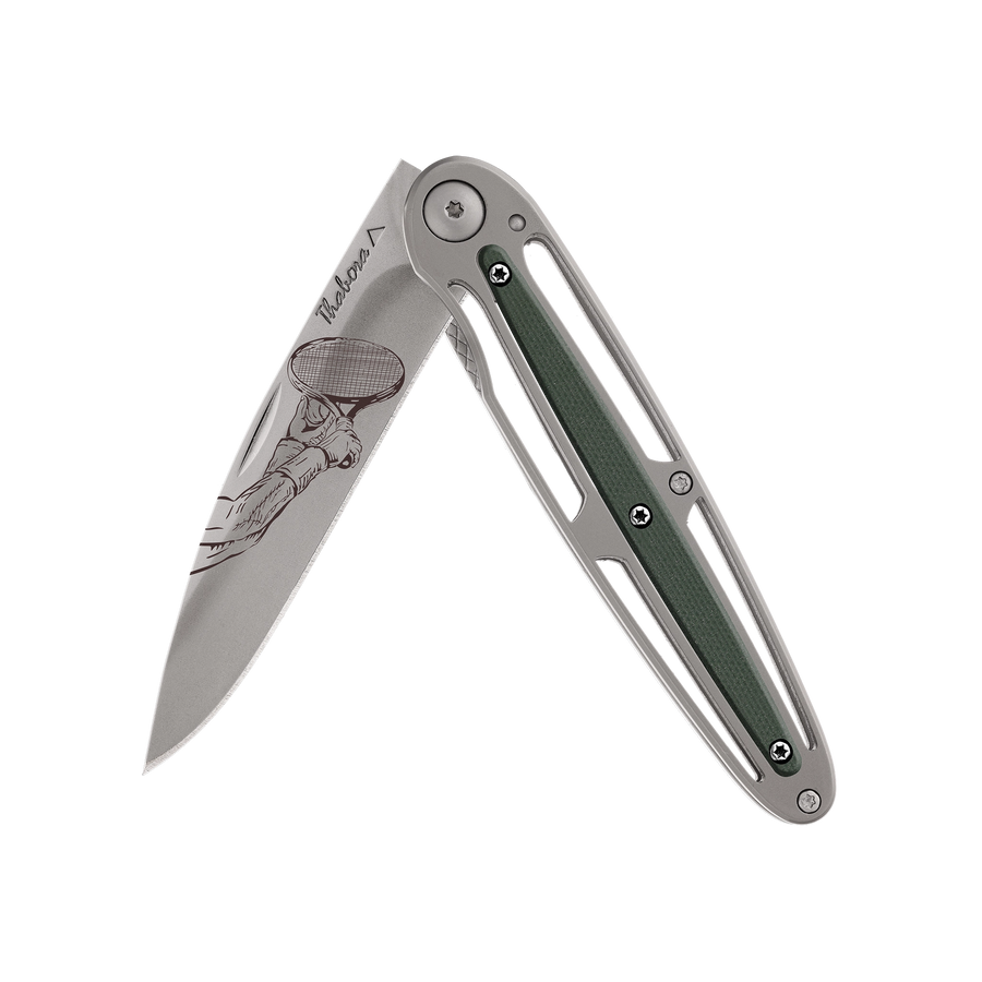 Couteau acier finition titane gris plaquette centrale résine g10 kaki motif «raquette»