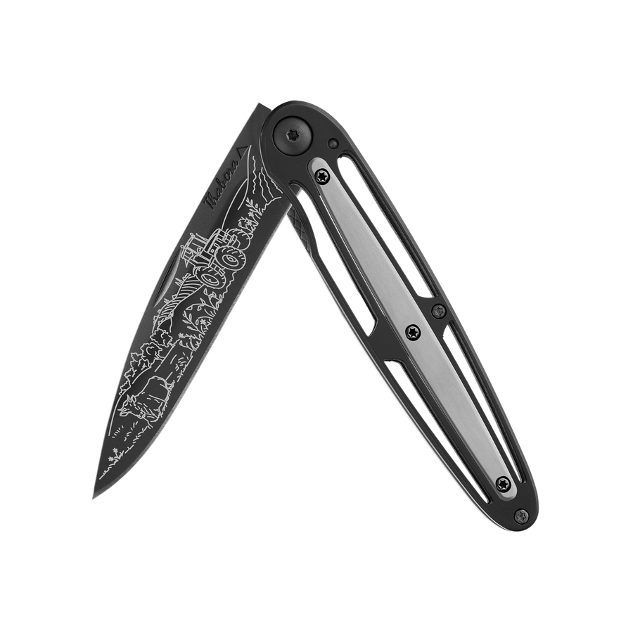 Couteau acier finition titane noir plaquette centrale acier brossé motif «campagne»