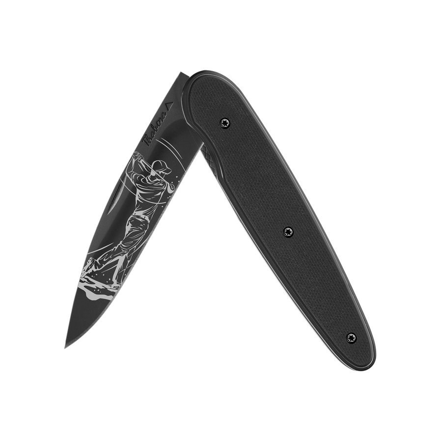 Couteau acier finition titane noir plaquette pleine résine g10 noir motif «golfeur»