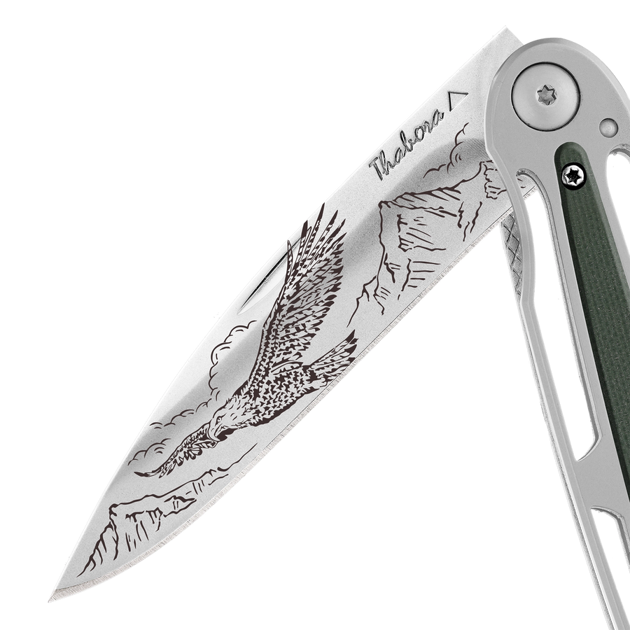 Couteau acier finition brillante plaquette centrale résine g10 kaki motif «aigle»