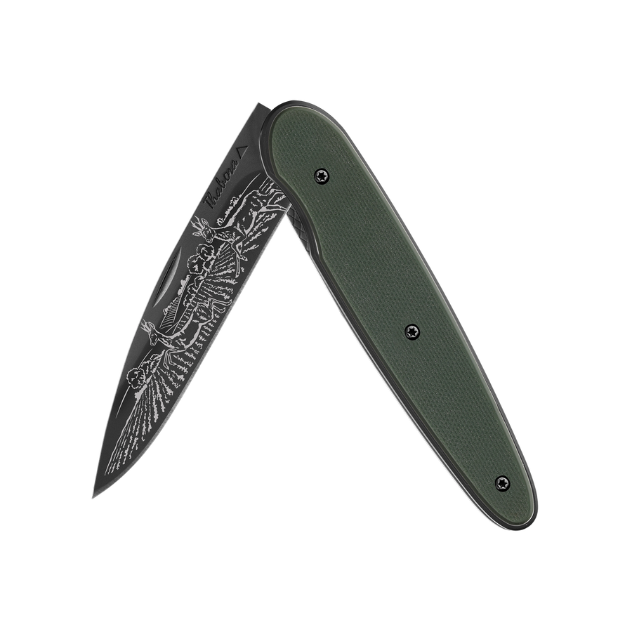 Couteau acier finition titane noir plaquette pleine résine g10 kaki motif «chevreuil»