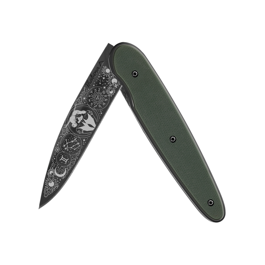 Couteau acier finition titane noir plaquette pleine résine g10 kaki motif «zodiaque gémeaux»