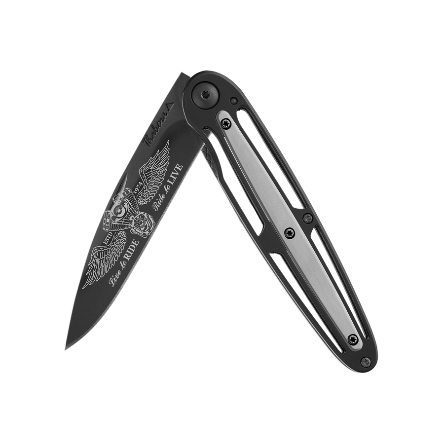 Couteau acier finition titane noir plaquette centrale acier brossé motif «biker ailes»