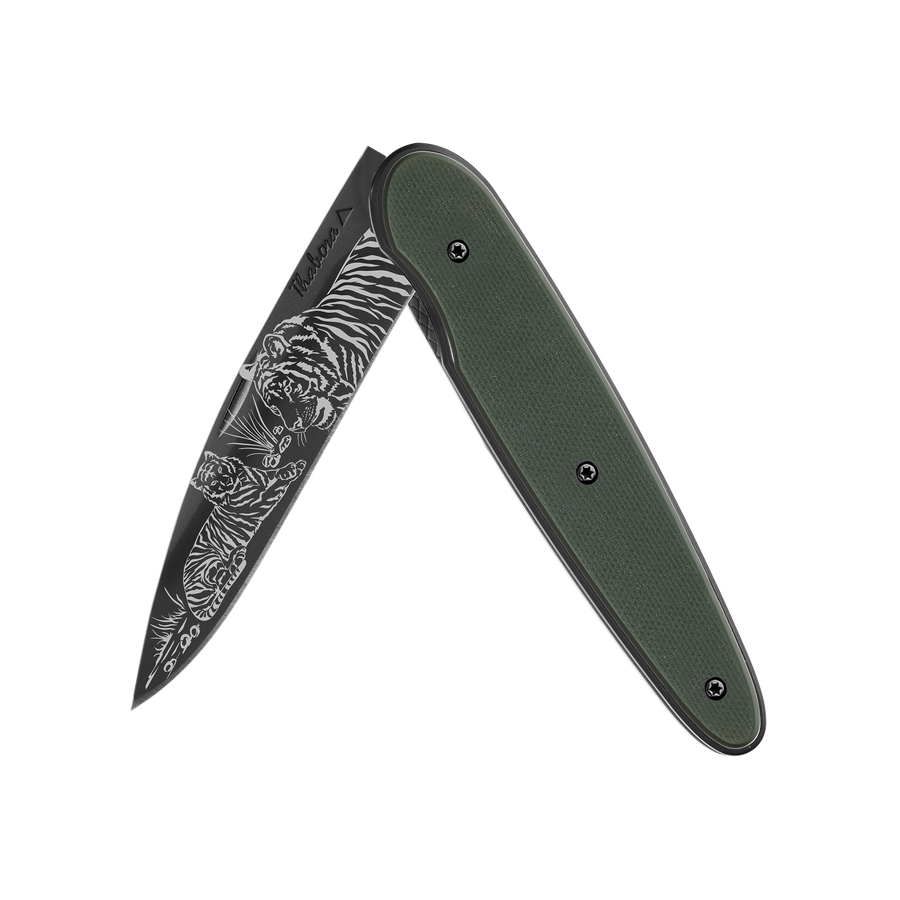Couteau acier finition titane noir plaquette pleine résine g10 kaki motif «tigres»