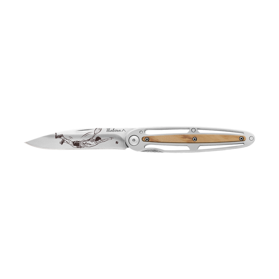Couteau acier finition brillante plaquette centrale bois clair motif «tennisman»