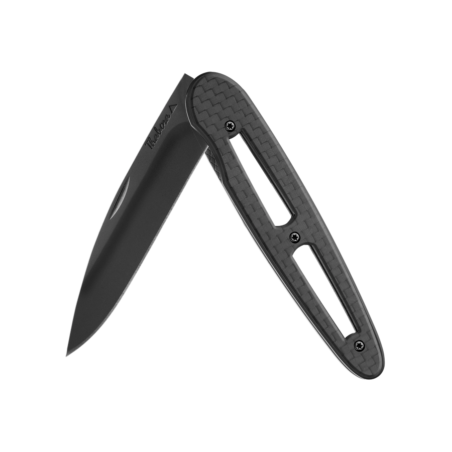 Couteau acier finition titane noir plaquette ajourée carbone