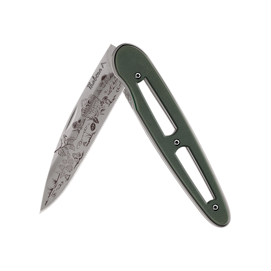 Couteau acier finition titane gris plaquette ajourée résine g10 kaki motif «cueillette d'automne»