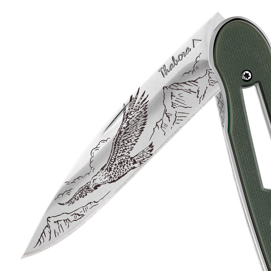 Couteau acier finition brillante plaquette ajourée résine g10 kaki motif «aigle»