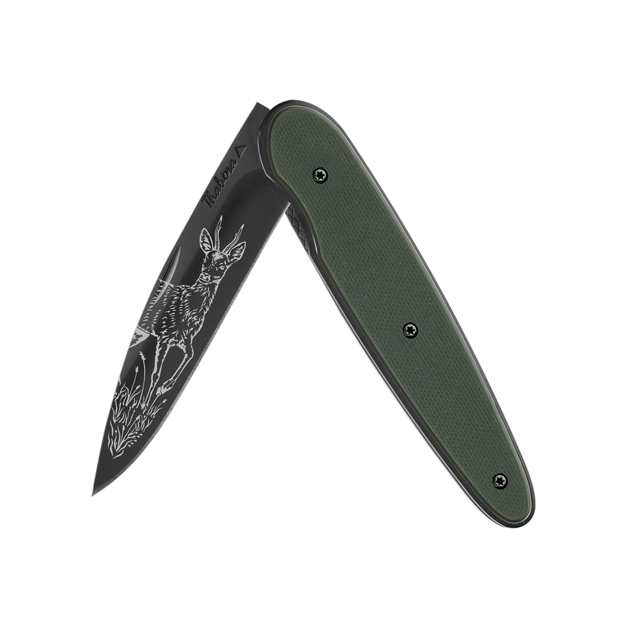Couteau acier finition titane noir plaquette pleine résine g10 kaki motif «chevreuil brocard»