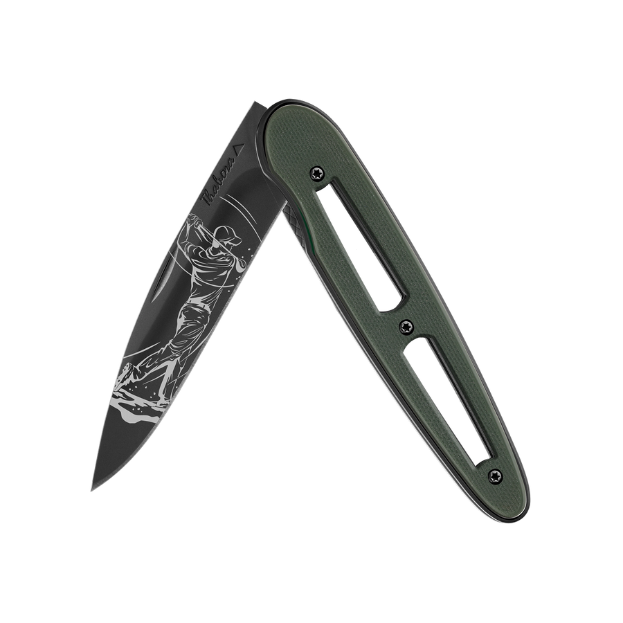 Couteau acier finition titane noir plaquette ajourée résine g10 kaki motif «golfeur»