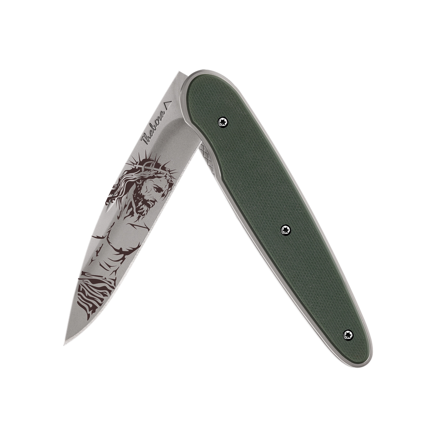 Couteau acier finition titane gris plaquette pleine résine g10 kaki motif «christ»