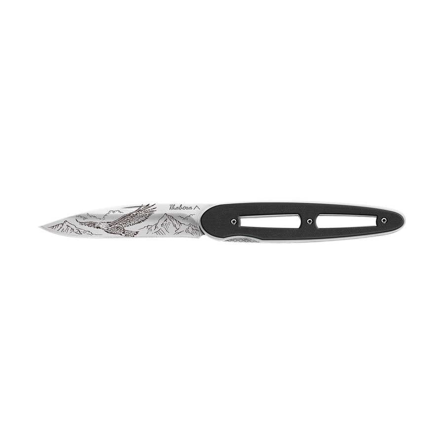 Couteau acier finition brillante plaquette ajourée résine g10 noir motif «aigle»