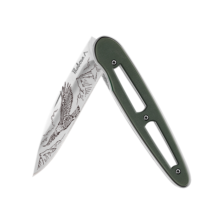 Couteau acier finition brillante plaquette ajourée résine g10 kaki motif «aigle»