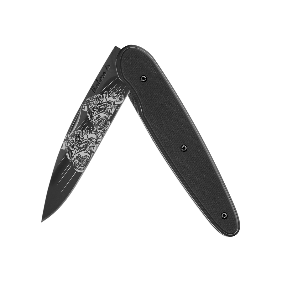 Couteau acier finition titane noir plaquette pleine résine g10 noir motif «motos de course»
